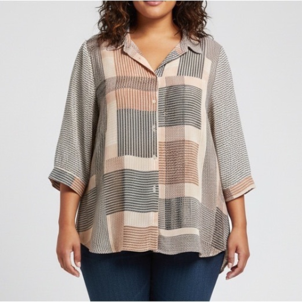 ROSE + OLIVE Flowy Crepe Top BUTTON-UP SHIRT Pink/Gray/Multi CHECK Colorblock 3X
